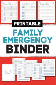 the printable family emergency binder is shown on a red background with black and white text