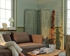 a person sitting on a couch in a living room with green walls and flooring