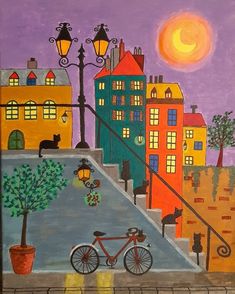 a painting of a bicycle parked next to a street light