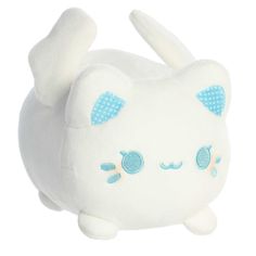 a white stuffed animal with blue dots on its eyes and ears, sitting in front of a white background