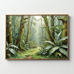 a painting on the wall of a forest with green plants and trees in the foreground