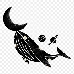 a black and white drawing of a whale with planets in the background, on a transparent background