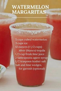 three cups filled with watermelon margaritas on top of a table