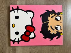 a painting of hello kitty and hello kitty on a pink background with wood flooring