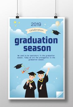 a graduation poster with two graduates in caps and gowns on the blue sky background