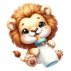 a cartoon lion holding a baby bottle with its paw on it's side and looking at the camera