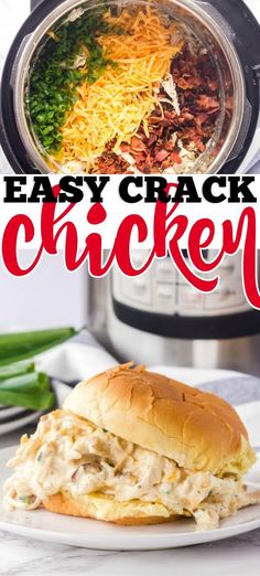 an easy crock pot chicken recipe on a white plate with the title overlay