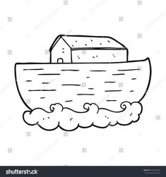 a boat with clouds and a house in the back hand drawn outline on white background