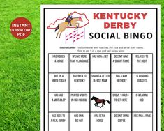 a kentucky derby social bingo is shown on the grass with an image of a horse and rider