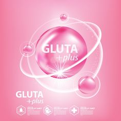 an advertisement for gluta plus on a pink background with bubbles and stars in the center