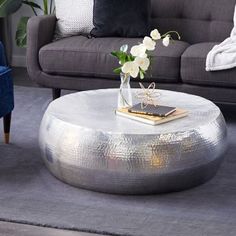 a living room with a couch, chair and coffee table in silver metal color scheme