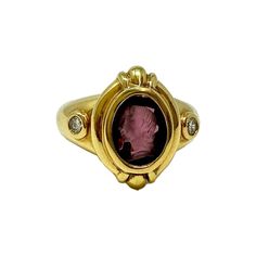 Susan Berman Ring with Garnet Intaglio and 2 Diamonds (includes appraisal, Value: $3,600) Designer = Susan Berman Size = 5.5 Material = 18K Gold Gemstone = Diamond Condition = Very Good Class = Premier Location: Wilmette Item Number: 11405-1398 Item ID: 288930 Category: Ring Elegant Oval Ruby Ring With Intaglio, Formal Diamond Ring With Intaglio, Elegant Ruby Intaglio Ring For Anniversary, Alexandrite Ring, Best Location, Item Number, Garnet, 18k Gold, Diamonds