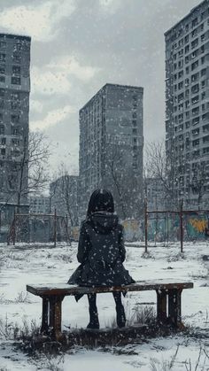 a person sitting on a bench in the snow