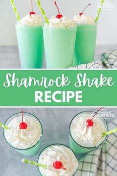 shamrock shake recipe with whipped cream and cherries in glasses on a gray table top