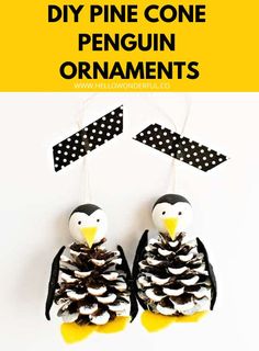 pine cone penguin ornaments with text overlay that says diy pine cone penguin ornaments