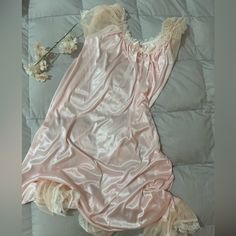 Beautiful Satin Pale Pink And Cream Trim Nightgown, Never Worn But Forgot To Return. Lovely Cream Flounce Hem And Mesh Sleeves, Also Great For Dress Up/Princess Dress. Size M Pink Satin Sleepwear For Nightwear, Pink Satin Sleepwear For Lounging, Pink Satin Sleepwear For Bedtime, Feminine Satin Nightgown For Bedtime, Feminine Satin Nightgown For Sleep, Pink Sleeveless Nightgown For Night, Pink Satin Nightgown For Night, Feminine Lace Trim Nightgown For Pajama Party, Pink Satin Nightgown For Pajama Party