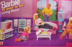 an advertisement for barbie's living room with two children in the bedroom and one on the couch