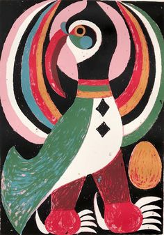 an abstract painting with colorful shapes and colors on black background, depicting a bird in the center