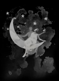 a black and white photo of a woman sitting on the moon with stars around her