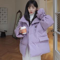 Women Red Oversize Short Quilted Puffer Parka Coat Purple Warm Jacket Oversize Winter Coat Vivian Seven Oversized Winter Coat, Puffy Winter Coat, Oversized Quilt, Red Fur, Purple Coat, Puffer Parka, Long Winter Coats, Quilted Puffer Jacket, Parka Coat