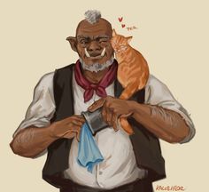 an old man with a cat on his shoulder holding something in one hand and looking at the camera