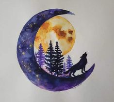 a watercolor painting of a wolf on the moon with trees in the foreground