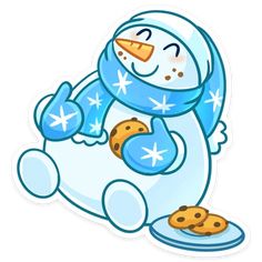 a cartoon snowman holding a cookie in his hand