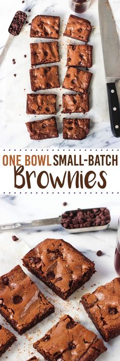 one bowl small batch brownies are cut into squares and placed on a cutting board