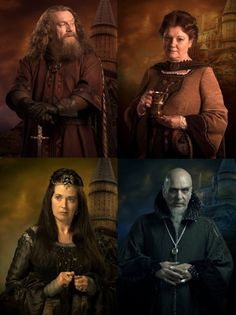 four different pictures of people dressed in medieval clothing, one with long hair and the other with beards