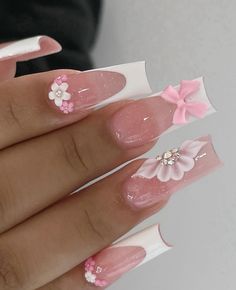 Bow Nail Designs, Quinceanera Nails, Girly Acrylic Nails, French Tip Acrylic Nails, Acrylic Nails Coffin Pink, Long Square Acrylic Nails, Unique Acrylic Nails, Bling Acrylic Nails, Acrylic Nails Coffin Short