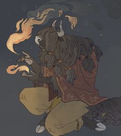 a drawing of a man with long hair and horns on his head sitting in front of a fire