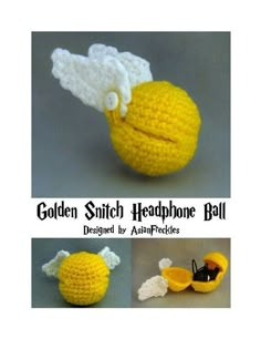 crochet pattern golden stitch headphone ball with angel wings and eyeballs on top