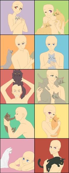 six different colored images of people with cats