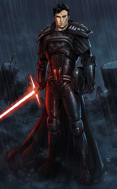 a star wars character standing in the rain holding a lightsaben and two swords