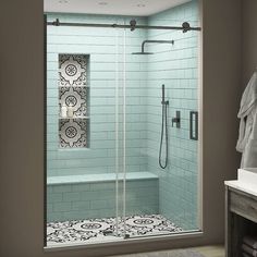 a walk in shower sitting next to a bathroom sink