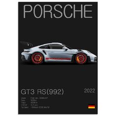 the porsche gt3 rs92 poster is shown in black and white with red rims