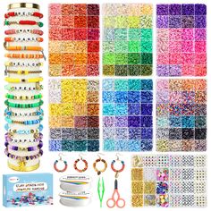 many different types of beads and bracelets are shown with scissors, beading supplies, and other items