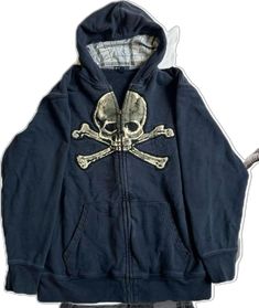 Blue Grunge Outfit, Vintage Hoodies Aesthetic, Skull Zip Up Hoodie, Zip Up Hoodie Outfit, Affliction Hoodie, Emo Hoodie, 2000s Hoodie, Nerd Outfits, Silly Clothes