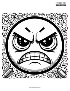 an angry face drawn in black and white with lots of emoticions around it