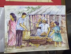 a drawing of some people standing in front of a fruit stand