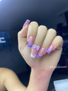 Short Acrylic Nails Designs Purple, French Tip Acrylic Nails Purple, Purple Short Acrylic Nails, Purple Nail Inspo Acrylic, Uñas Coquette, Elegant Touch Nails, Disney Acrylic Nails, Bridal Nails Designs, Gel Toe Nails