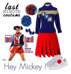 an advertisement for the last minute costume featuring cheerleader's uniform and shoes, with text that reads hey mickey