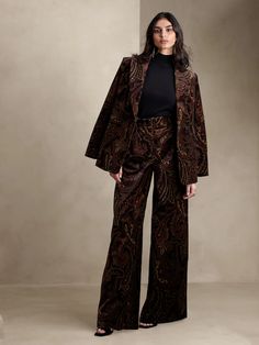 Leather, Silk & Wool Clothing | Banana Republic 1920s Womens Pants, Wedding Guest Pants, Velvet Pant, Tweed Blazer Women, Boho Paisley, Wedding Attire Guest, Cocktail Attire, Velvet Pants, Formal Attire