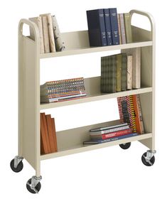 a book shelf with wheels and books on it