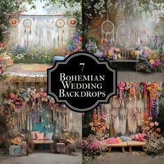 an outdoor wedding backdrop with flowers and dream catchers in the background that reads, bohemian wedding backdrops