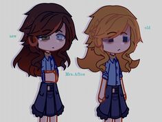 two cartoon girls with long brown hair and blue shirts are standing next to each other