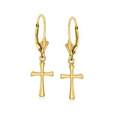 Ross-Simons - 10kt Yellow Gold Cross Drop Earrings. Canaria fine jewelry. Perfect for everyday wear, these genuine 10kt gold wardrobe essentials are fashionable, fun and designed to last a lifetime. Strong and durable, our collection of gold classics is always a great value. These 10kt yellow gold cross drop earrings bring religious meaning to your daily dress. Hanging length is 1 1/8". Leverback, 10kt yellow gold cross drop earrings. Gold Wardrobe, Gold Cross, Daily Dress, Love Bracelets, Wardrobe Essentials, Everyday Wear, Fine Jewelry, Yellow Gold, Drop Earrings