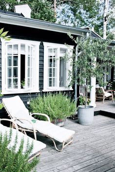 an outdoor deck with chaise lounges and potted plants on the side of it