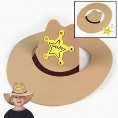 a cardboard cowboy hat with a sheriff badge on it's front and back side