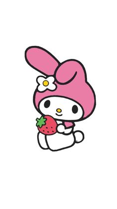 hello kitty holding a strawberry in her hand and wearing a pink hat with flowers on it